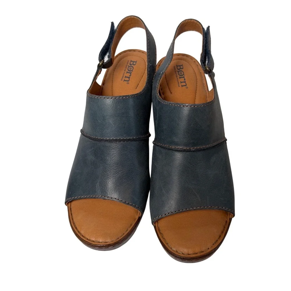 BORN Wekiva shoes Blue Leather Slingback Wedge Sandals Women‎ Size 10M